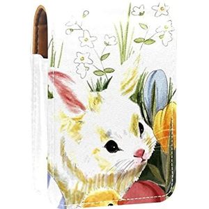 Make-up Lipstick Case voor Buiten Aquarel Wit Konijn Kuiken Ei Gelukkig Pasen Draagbare Lippenstift Organizer met Spiegel Dames Mini Make-up Tas Neemt Tot 3 Lippenstift