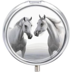 3 Compartiment Kleine Pillendoos Reizen Geneeskunde Pil Organizer met Spiegel Vochtbestendige Pillen Case Witte Paarden Draagbare Pocket Geneeskunde Organizer Ronde Vitamine Organizer Box