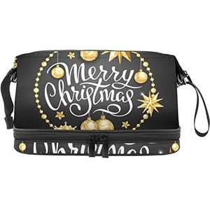 Grote capaciteit reizen cosmetische tas, make-up tas, waterdichte make-up tas organizer, kerst gouden witte dennenappel bal sterren patroon, Meerkleurig, 27x15x14 cm/10.6x5.9x5.5 in