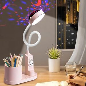 Aicharynic Bureaulamp voor kinderen, led-bedlampje voor kinderen, met penhouder, led-tafellamp, dimbaar, hemel, tafellamp, oplaadbaar, 360 graden verstelbaar, zwanenhals, leeslamp met sterrenprojectie
