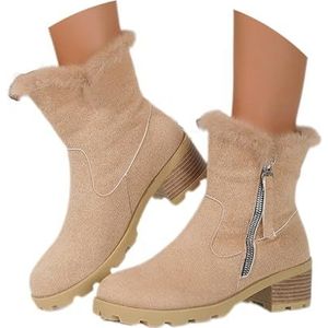 Dameswintersnowboots Met Pluche Voering 2024 Nieuwe Enkellaarsjes Met Pluche Kraag Enkellaarsjes Met Plateauzool En Ritssluiting Vintage Suède Korte Laarzen Enkelschoenen for Buiten(Beige,42 EU)