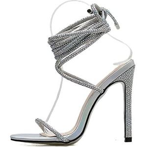 TABKER Sandalen met hakken zilver glanzende damesjurk, schoenen met puntige openingen, gesimuleerde diamanten riemen en gekruiste hoge hakken. (kleur: zilver, maat: 3,5 UK)