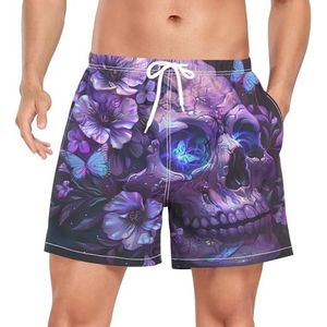 Niigeu Sugar Skull Flower Purple Zwembroek voor heren, sneldrogend, met zakken, Leuke mode, M
