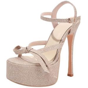 Dames Platform Sandalen, 5.9 Inch Stiletto Hoge Hakken, Open Teen Enkelband Strappy Bruiloft Bruidsfeest Dansschoenen(Gold,46 EU)