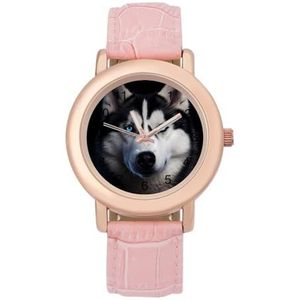 Husky Zwart en wit huisdier hond dames elegant horloge lederen band polshorloge analoge quartz horloges