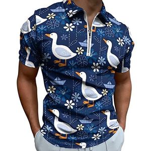 Ganzen bloemen en papieren boten heren poloshirt met rits T-shirts casual korte mouw golf top klassieke pasvorm tennis tee