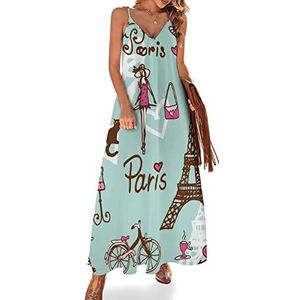 Paris Symbols Zomerjurk voor dames, maxi-jurk, V-hals, mouwloos, spaghettibandjes, lange jurk