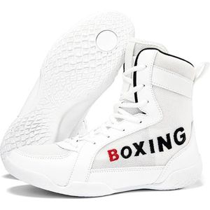Hiuzylqx Professionele boksschoenen voor heren, hoge worstelschoenen, ademende vechtschoenen, fitness, kickboksen en taekwondo,Wit,39 EU