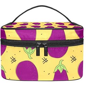 Kleurrijke aquarel driehoek geometrisch patroon make-up tas voor vrouwen meisjes cosmetische tassen met handvat reizen make-up organizer tas, Paarse Aubergine Plantaardig Patroon, 8.9x5.9x5.4 Inches, Make-up zakje