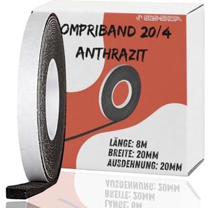 S&S-Shop Compriband 8,0 m lang, 20/4 antraciet, zelfklevend, uitgebreid van 4 naar 20 mm, rolbreedte 20 mm, van acryl 300, geschikt als deurisolatie, raamafdichting, bronband, afdichtingstape