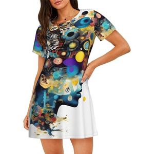 Yyoretp Kunstmatige Intelligentie Hersenprint Vrouwen Katoen Nachtjapon Korte Mouwen Nachtkleding Casual Nachtjapon Comfortabele Pyjama, Zwart, M