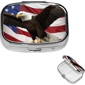 Vierkante pillendoos draagbare metalen pillenetui 2 compartimenten kleine reizen pillenorganisator Amerikaanse vlag vlieg adelaar vitamines houder organizer voor portemonnee zak
