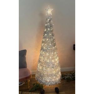 Pop-up spiraalkerstboom, 150 cm, met 120 leds en sterpunt, zilver, kunstdennenboom, warm wit verlicht voor buiten en binnen, kerstdecoratie, tuinverlichting met stekker