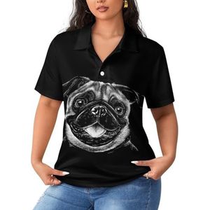 Zwart Portret Pug's Face Vrouwen Sport Shirt Korte Mouw Tee Golf Shirts Tops Met Knoppen Workout Blouses