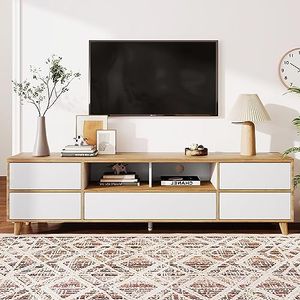 Moimhear TV-kast, lowboard, woonkamermeubel in wit en houtkleuren. Zakken en deuren in natuurlijke landelijke stijl. 175 L x 37 B x 51 H (cm)