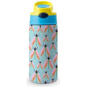 Roze Dragonfly 12oz waterfles met rietje koffie beker water beker roestvrij staal reizen mok voor vrouwen mannen blauwe stijl