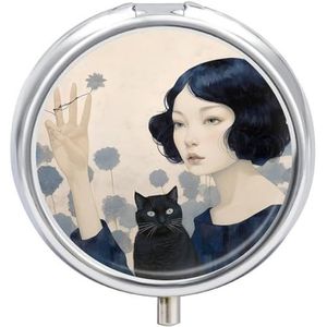Pillendoos voor kat en meisje, ronde pillendoos met 3 vakken, met spiegel, metalen pillenorganizer, pillendoos, mini-medicijnopbergdoos voor zakportemonnee