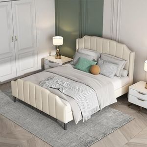 Aunvla Gestoffeerd bed, bedframe met hoofdeinde, voeteneinde en lattenbodem, beige, fluweel, gestoffeerd, tweepersoonsbed, jeugdbed, logeerbed, 140 x 200 cm