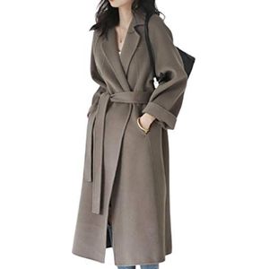 GL SUIT Womens wol jassen winter effen kleur dubbelzijdige kasjmier jas slanke warme lange wol overjas jassen uitloper met riem, bruin, M