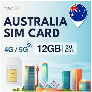 travSIM Australia SIM Kaart | 12GB Mobiele Data met 4G/5G snelheden | Gratis Roaming in Nieuw-Zeeland | Werkt op iOS & Android apparaten | Plan op Australia SIM is 30 dagen geldig