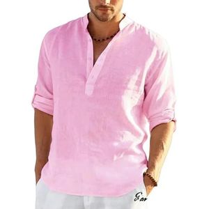 LQHYDMS T-shirts Mannen Mannen Linnen Lange Mouw T-Shirt Effen Kleur Losse Casual Oversized T-shirt Katoen Linnen Shirt Plus Size Shirts Mannen, roze, XL