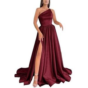 HPPEE Satijnen baljurken met één schouder en split zonder mouwen, lange baljurk korset, formele feestjurk, Bordeaux, 32