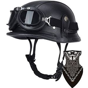 DIRERTYS helm voor motorfiets, halve helm, pothelm, Duitse helm, leer, DOT/ECE goedgekeurde cap, retro helm + bril, open gezicht, helm met verstelbare snelsluiting, L 57-60 cm