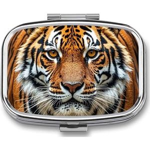 Fierce Tiger Pill Box, 2 Compartiment Medicine Pill Case, Draagbare Pil Organizer voor Pocket Of Portemonnee Decoratieve Metalen Geneeskunde Vitamine Organizer