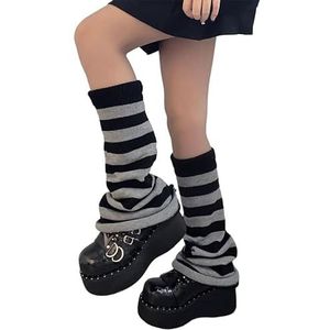ZYSWCHB Beenwarmers voor Dames Wollen warme beenwarmers grijs en zwart gestreepte uitlopende inlegzool Y2k Jk gebreide kuitstapel sokken (Color : Grey, Size : One size)