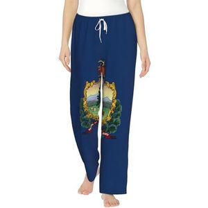 FMASWEQ Vermont staat vlag print kerst pyjama voor vrouwen, zachte fleece pyjamabroek, perfect om te loungen, Zwart, S