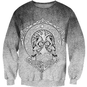 Heren Viking Celtic Crow Sweatshirt, Mode 3D Digitaal Printen Nordic Odin Hamer Tattoo Grijze Vrijetijdsjas, Middeleeuws Paar Outdoor Street Rits Hoodie(Color:Round Neck Hoodie,Size:S)