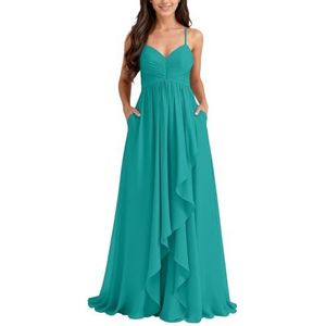 KURFACE Chiffon bruidsmeisjesjurk met split geplooide A-lijn bruidsmeisje formele avondjurk, Turkoois, 32