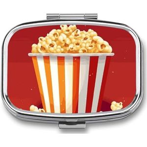Cartoon Popcorn pillenetui met 2 compartimenten, pillenorganizer, draagbare vierkante pillendoos, vitaminepillenorganizer voor zakportemonnee en reizen