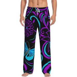 Vlinder Op Mooie Bloem Mannen Lange Lounge Wear Broek Nachtkleding Pyjama Bodems Nachtkleding Met Zakken En Trekkoord, Wit, S