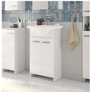 Deftrans Domodomo Badkamerkast met wastafel, 85 x 45 x 26 cm, witte wastafelkast, keramische wastafelset, staande kast voor kleine badkamer (wit Marlena)