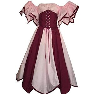 Middeleeuwse maxi-jurk met korte mouwen en ronde hals, renaissance-jurk, feestkleding, roze, XXL