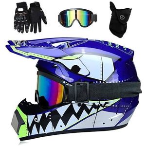 Jeugd Kind ATV Motorcross Helm, met Stofbril Masker Handschoenen, Volledige Gezicht MTB Enduro Karten Motorhelm, Uniseks BMX Racen Quad Crossmotor Botsing Helm (Color : M, Size : S/52-53CM)