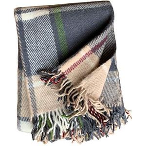 JOWOLLINA 100% lamswol wollen deken, plaid geruit Schotse patroon tartan (petrol-blauw/geel, 140 x 205 cm)