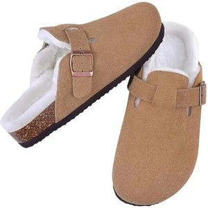 XUCZHAI Pluche Gevoerde Klompen Vrouwen Kurk Voetbed Mannen Warm Harige Slides Huis Sllippers Outdoor Winter Fuzzy Kurk Slippers, Bruin, 41 EU