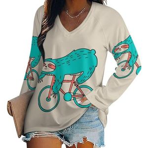 Blauwe luiaard rijdt een fiets casual T-shirts met lange mouwen voor dames V-hals bedrukte grafische blouses Tee Tops XL