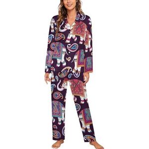 Indiase Stijl Olifant Vrouwen Lange Mouw Button Down Nachtkleding Zachte Nachtkleding Lounge Pyjama Set XL