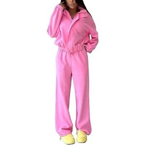 MLSHWUG Dames Lange Mouw Sweatshirt Met Rits Elastische Taille Wijde Broek Casual 2-Delige Set,Roze,L