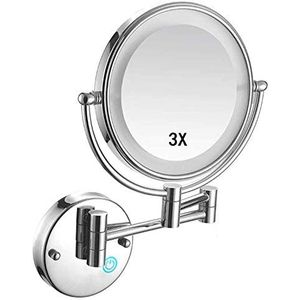 JPKZBCRGM Make-up spiegel muur gemonteerd, ronde make-up spiegel met 3x vergrootspiegel 360 rotatie USB oplaadbaar, voor make-up (kleur: zilver wit)