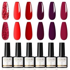 ROSALIND Gel Nagellak 6 Kleuren Shellac Set Rood Serie Gellak Donkerrood Licht Rood Paars Glitter Soak Off UV/LED Gel Nail Polish Nail Art Manicure 8ml