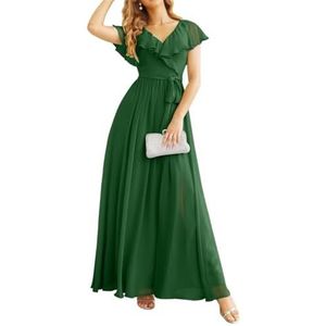 Chiffon bruidsmeisjesjurk met vleermuismouwen, lang, met zakken, V-hals, geplooid, formele jurk voor moeder van de bruid, Emerald Groen, 44