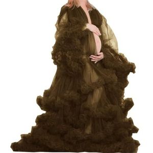 Lange Mouw Geplooide Moederschap Tule Gewaad Voor Fotoshoot Zwangere Badjas Pure Lingerie Nachtjapon AH151, Bruin, 32