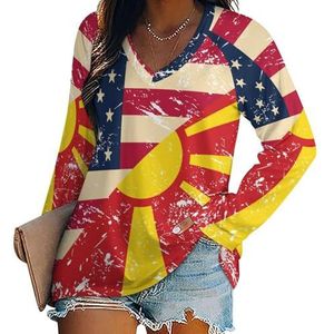 Amerikaanse en Macedonië retro vlag vrouwen casual lange mouw T-shirts V-hals gedrukte grafische blouses tee tops M