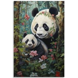 INTCHE Natuur wilde panda muurkunst canvas print roze bloem bos dier moderne poster ingelijst kunstwerk voor slaapkamer woonkamer kantoor 20 x 30 cm (b x l x l)