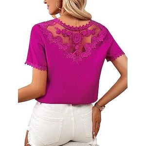 dames topjes Geborduurde blouse met kanten rand aan de achterkant (Color : Red Violet, Size : X-Small)