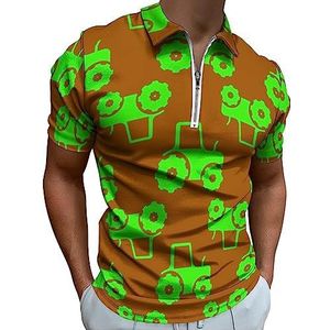 Groene tractor op bruin poloshirt voor mannen casual T-shirts met ritssluiting T-shirts golftops slim fit